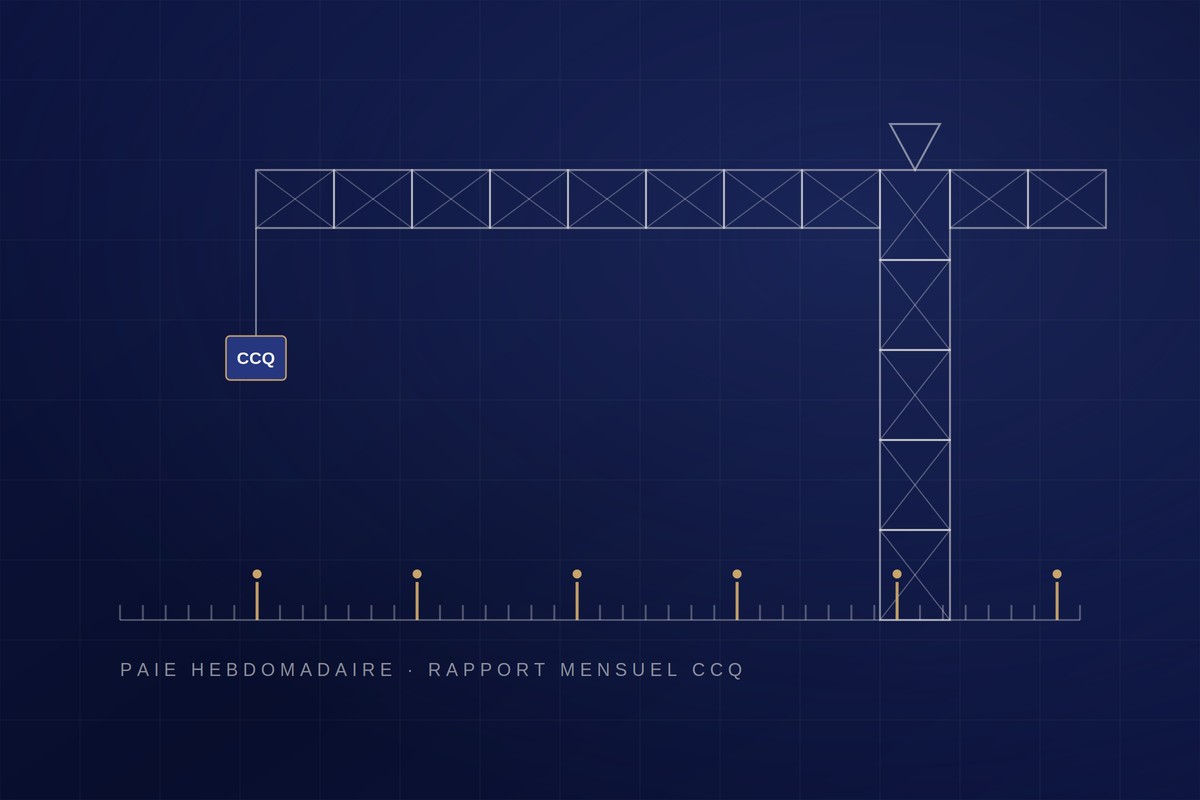 Grue de chantier stylisée et cadence de paie hebdomadaire